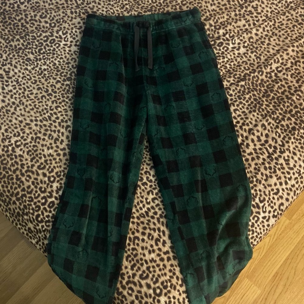 Men's (Size M) Green & Black Plaid Fleece Pajama Bottoms